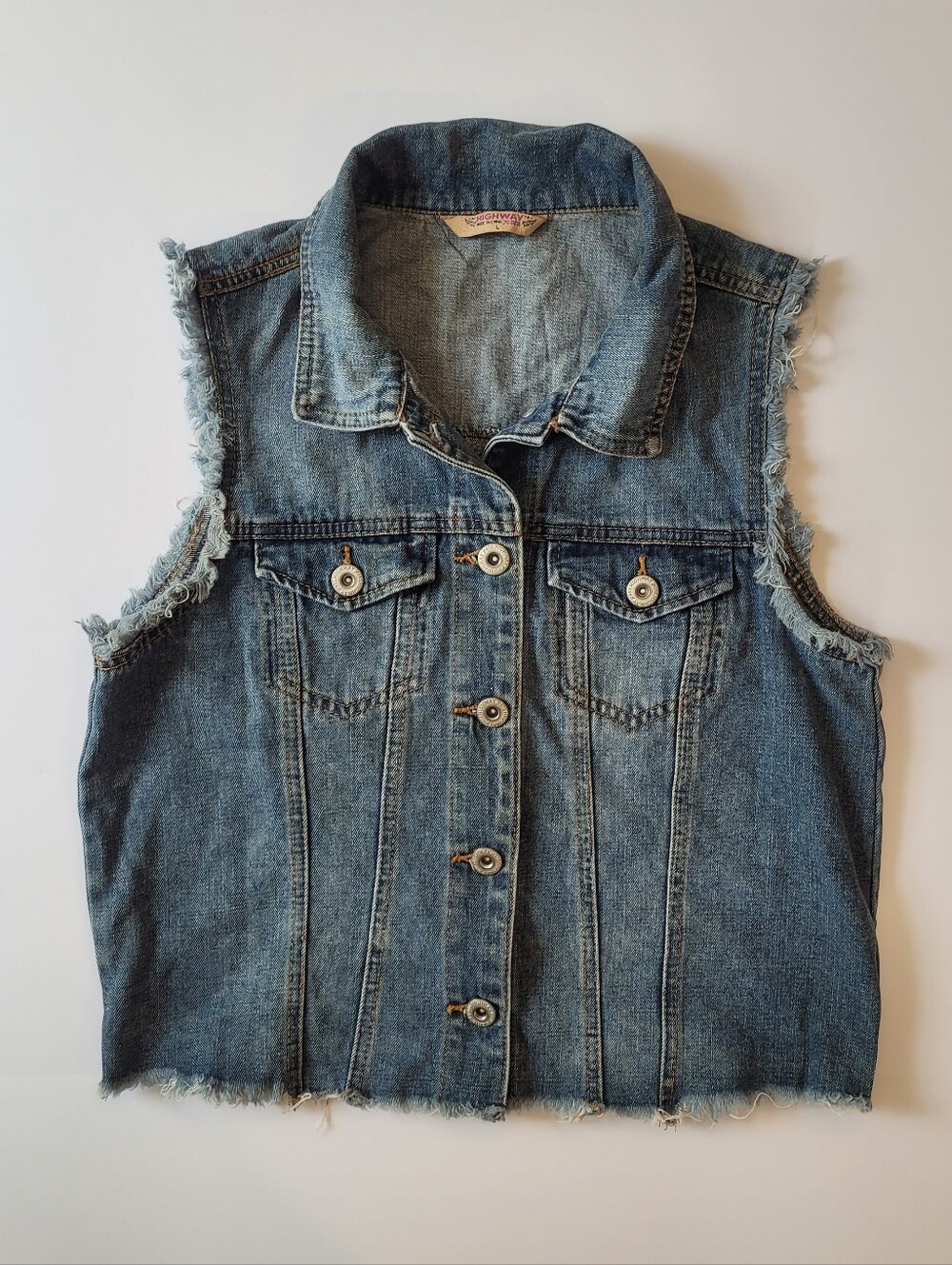 Highway Denim Vest Frayed Cropped Jean Jacket Sleeveless Large